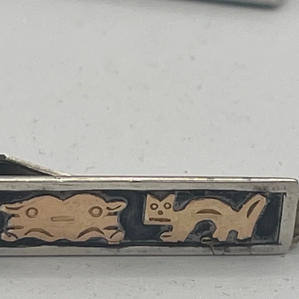 Vintage Peru / Mexico Sterling Silver & 18K Tie Bar alligator Clip Inca mythical